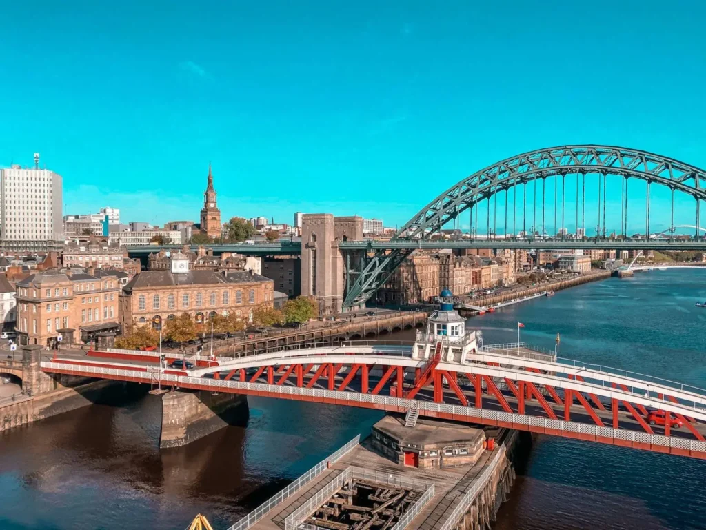 Panoramic view of Newcastle’s Tyne Bridge and historic architecture in the UK.
