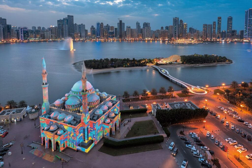 Scenic view of Sharjah's iconic landmarks blending tradition and modernity.