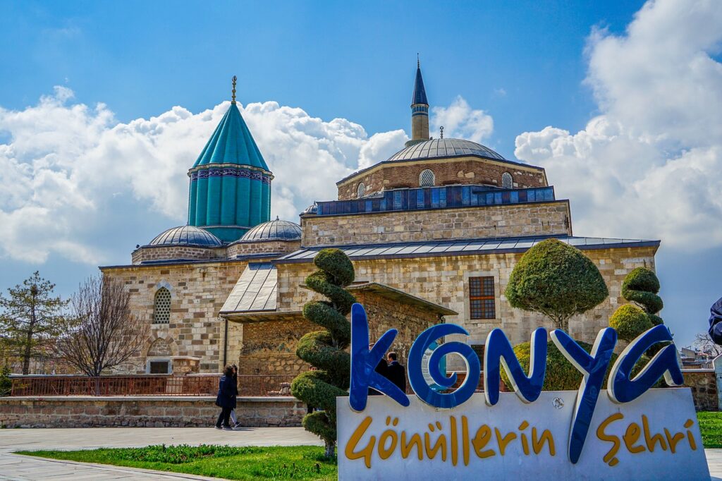 Scenic view of Konya featuring the Mevlana Museum, mosques, and historical landmarks.